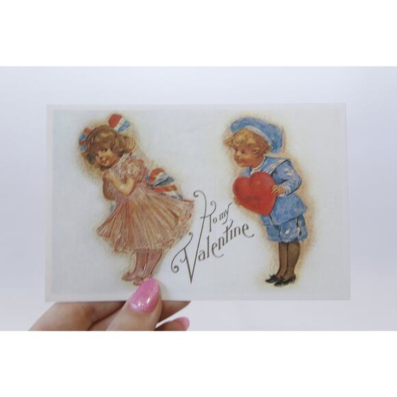 To My Valentine, Boy with Big Heart and Girl, 1900s, Antique Postcard, Color - Picture 1 of 2